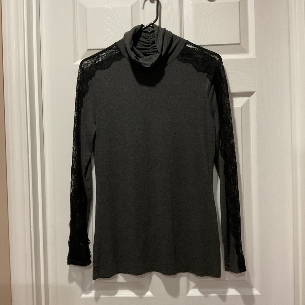 Cache Charcoal Cowl Turtleneck Sweater top with black lace shoulders shirt top